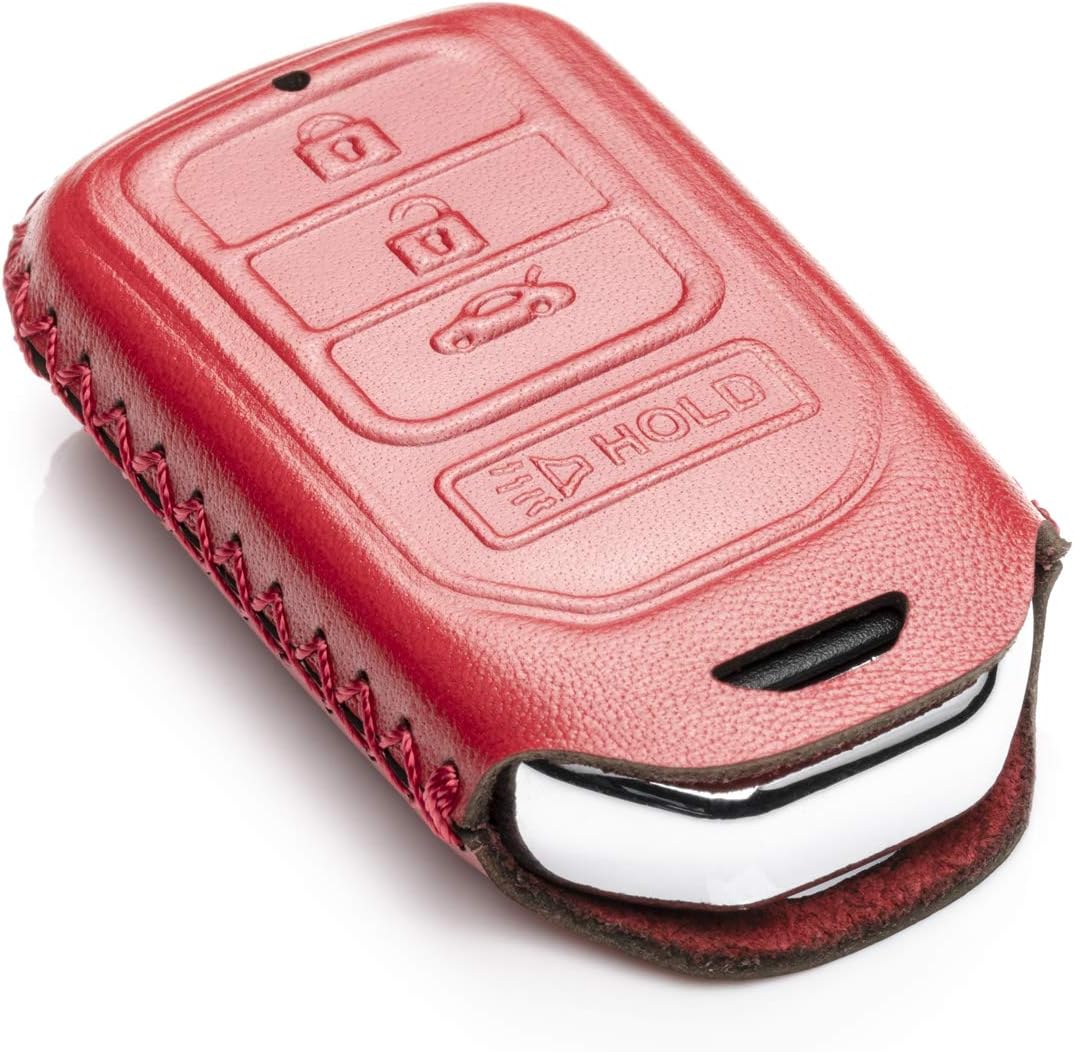 Vitodeco Genuine Leather Smart Key Keyless Remote Entry Fob Case Cover Compatible for Honda Civic, Fit, Accord, Pilot, CR-V (4 Buttons, Red)
