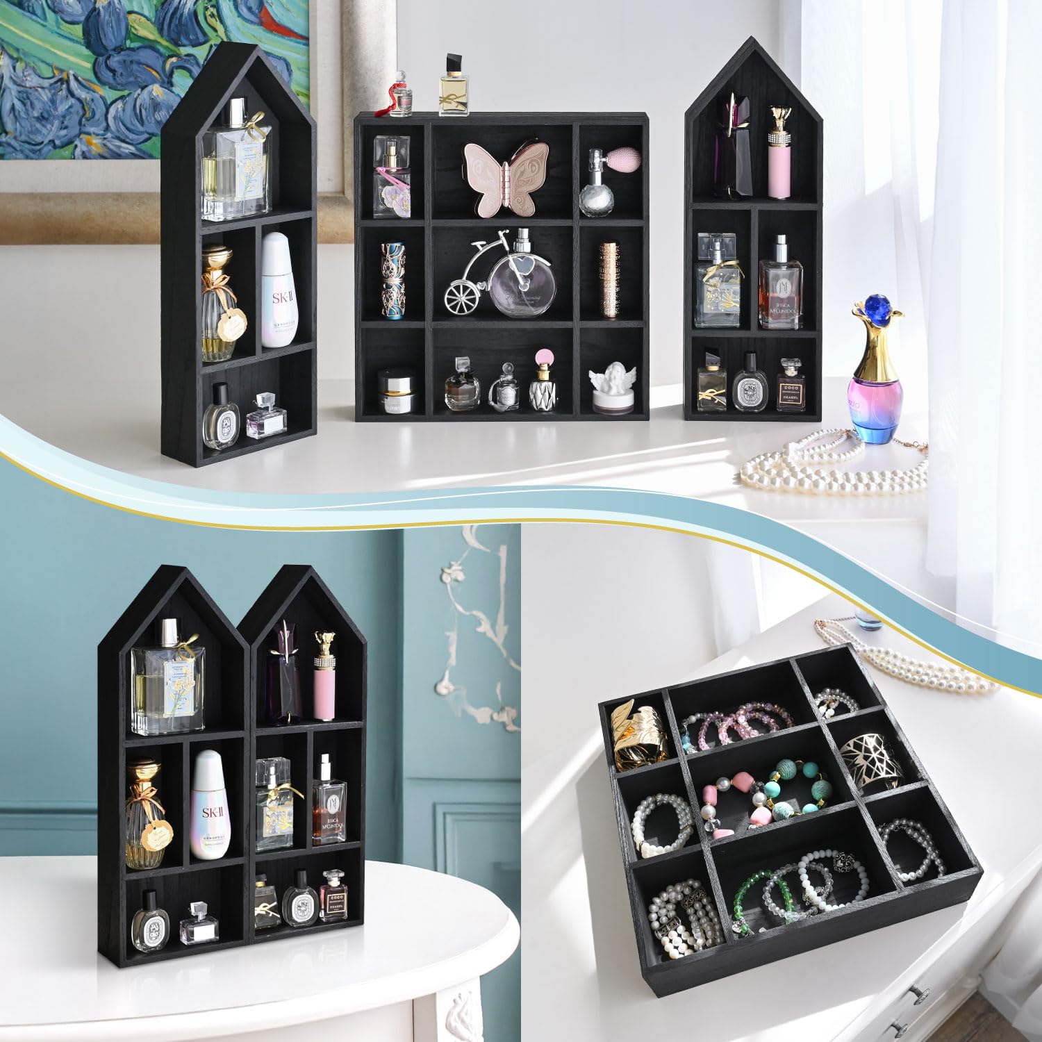 Ikee Design Lot de 3 boîtes de rangement en bois pour objets de collection, mini figurines, 17 compartiments, couleur noire, 57 x 6,1 x 40,9 cm (l x P x H)