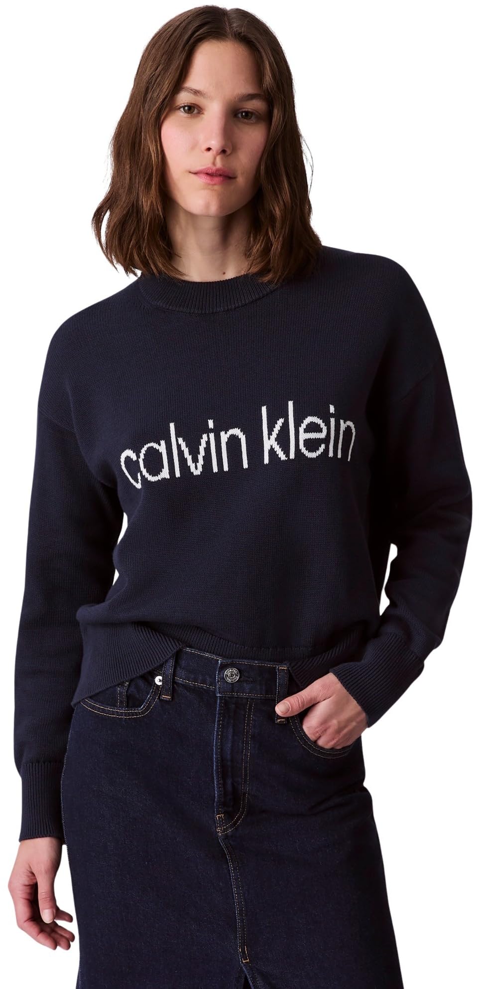 Calvin Klein Women's Graphic Cotton Jumper, Blue (Dark Sapphire), L