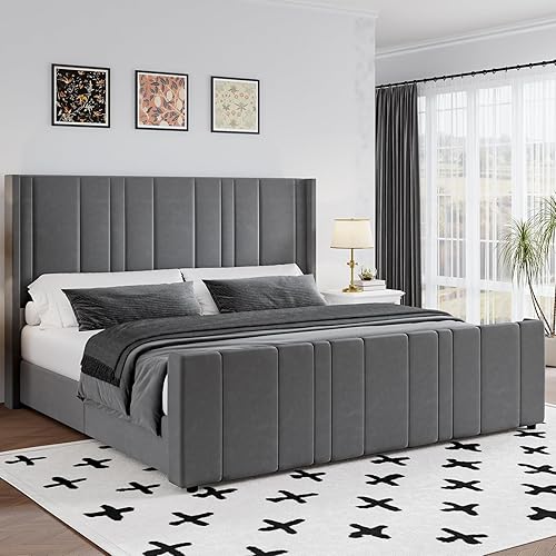 King Size Bed Frame and Headboard, Modern Velvet Upholstered Bed Frame with Vertical Channel Tufted Headboard & Footboard, Soft Bed Frame King, Noise Free, No Box Spring Needed, Easy Assembly, Grey