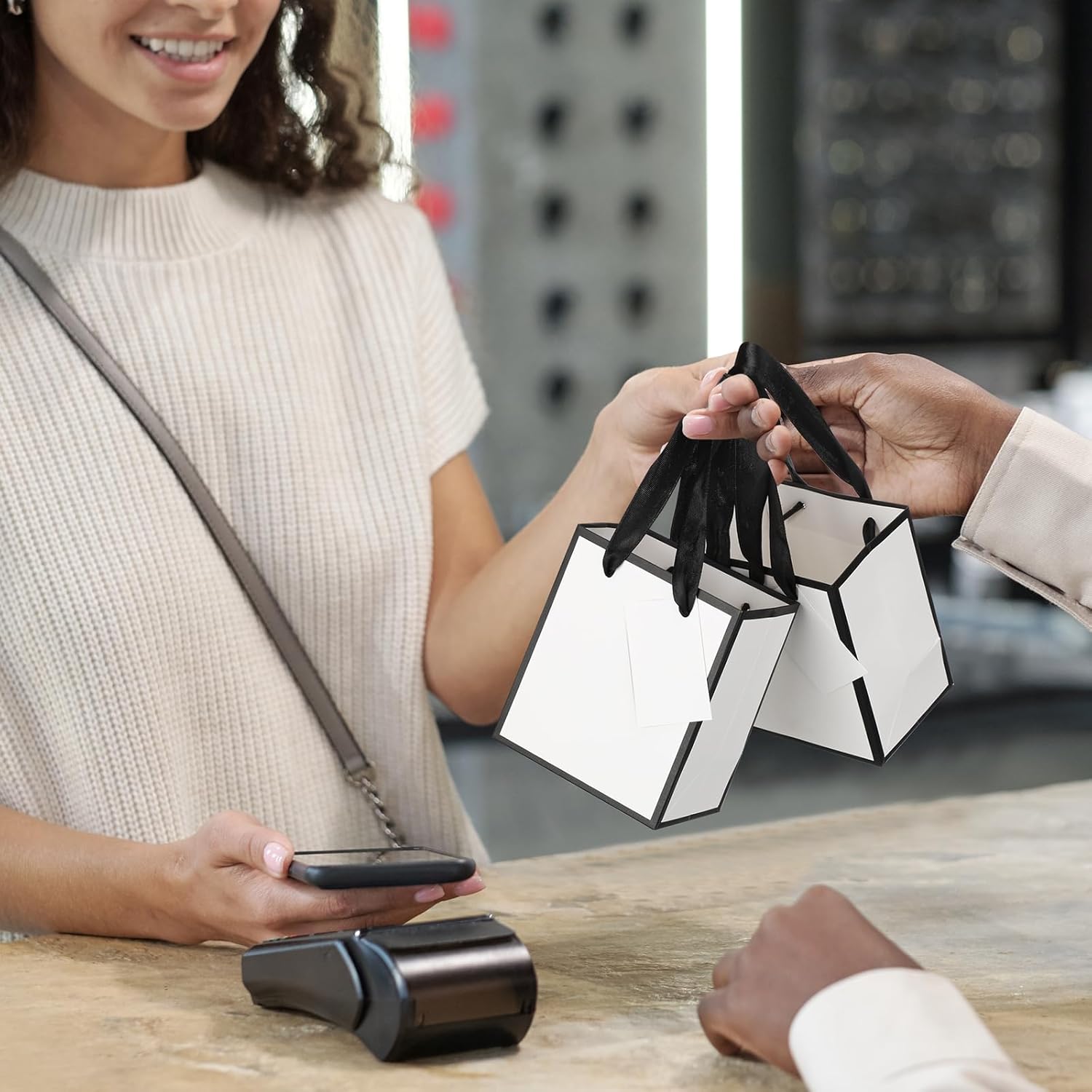 Yeaqee 50 Pcs Mini Metallic Paper Gift Bags with Handles 4x2.75x4.5'' Tiny Small Gift Bags with Thank You Tag for Wedding Graduation Birthday Party Return Gifts Jewelry Business (White,Black)