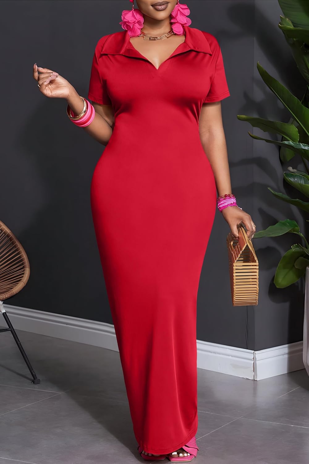 FANDEE Women's Bodycon Maxi Dress, Casual Polo Collar V-Neck Short Sleeve Party Holiday Elegant Long Dresses - Image 4