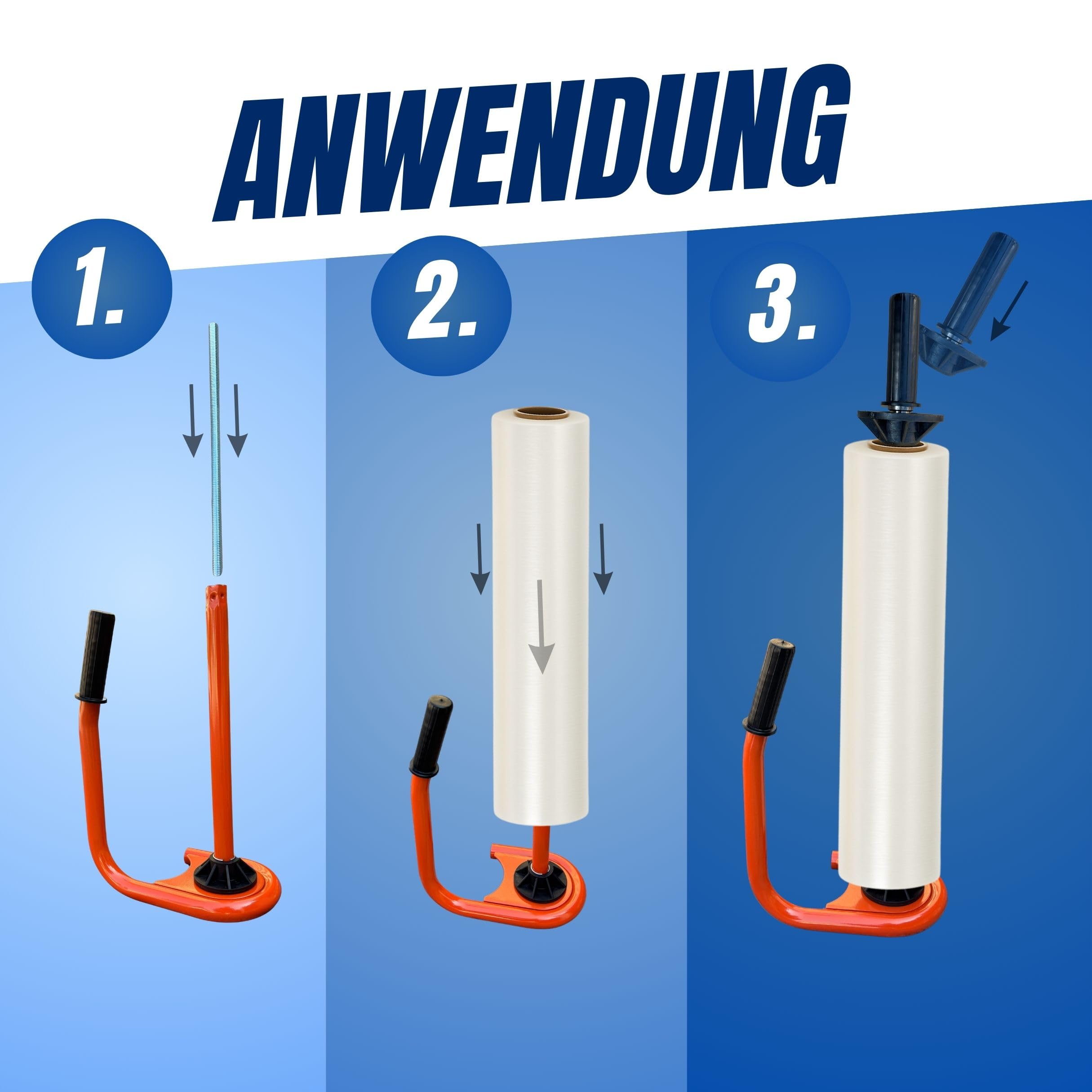 Profi Stretchfolien-Abroller Set, Orange, mit 6 Rollen Stretchfolie 23 µm, 50 cm Breite, Blau