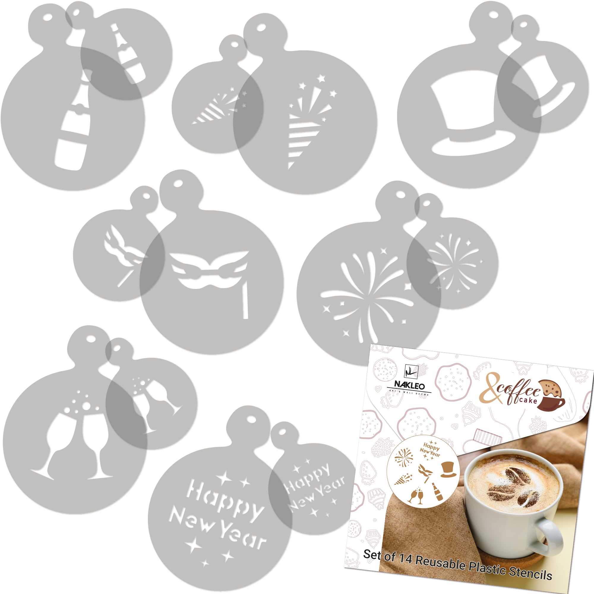 NAKLEO Coffee Stencils and Cookies Decoration 14Pcs 7x7 and 11x11cm, Reusable Plastic Baking Templates, New Years Eve