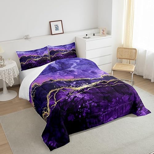 Miniatura 4 de Juego de ropa de cama de mármol morado, juego de edredón abstracto dorado y morado, edredón de plumón de arte fluido de tinta iridiscente, arte de