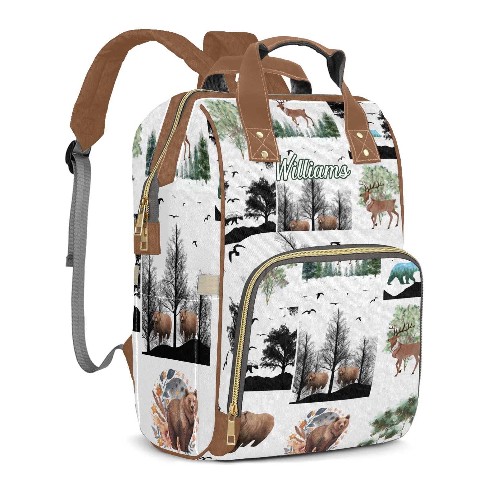 zaaprintblanket Custom Woodland Winter Animals Pine Tree Diaper Bag Backpack with Name Personalized Nappy Baby Bag for Women Mommy Girl Gift