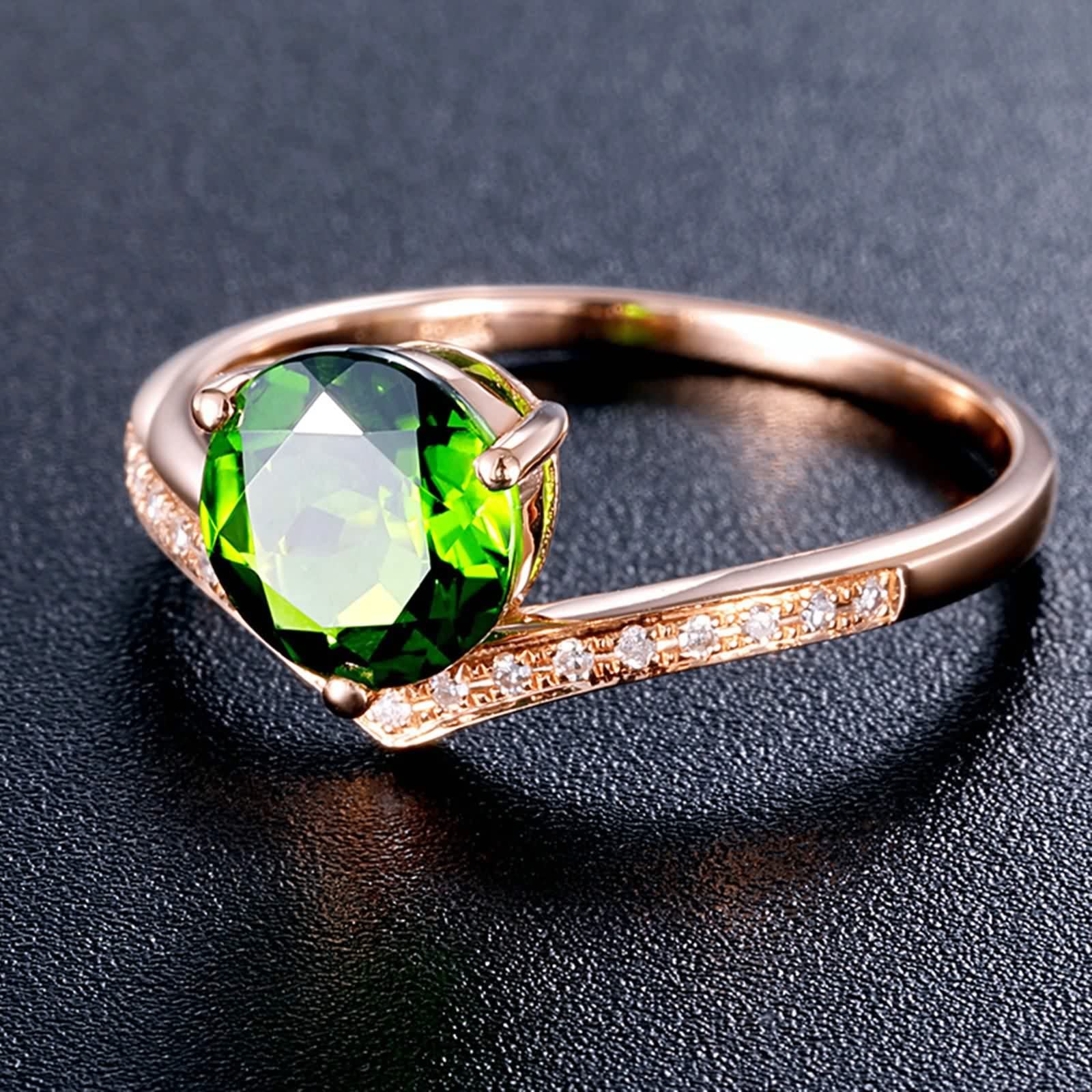 Anillos Mujer Oro 18 Kilates, Joyas de Mujer con 7mm Diópsido Diamante Forma V Oro Rosa 18 Kilates para Boda Aniversario Día de San Valentín