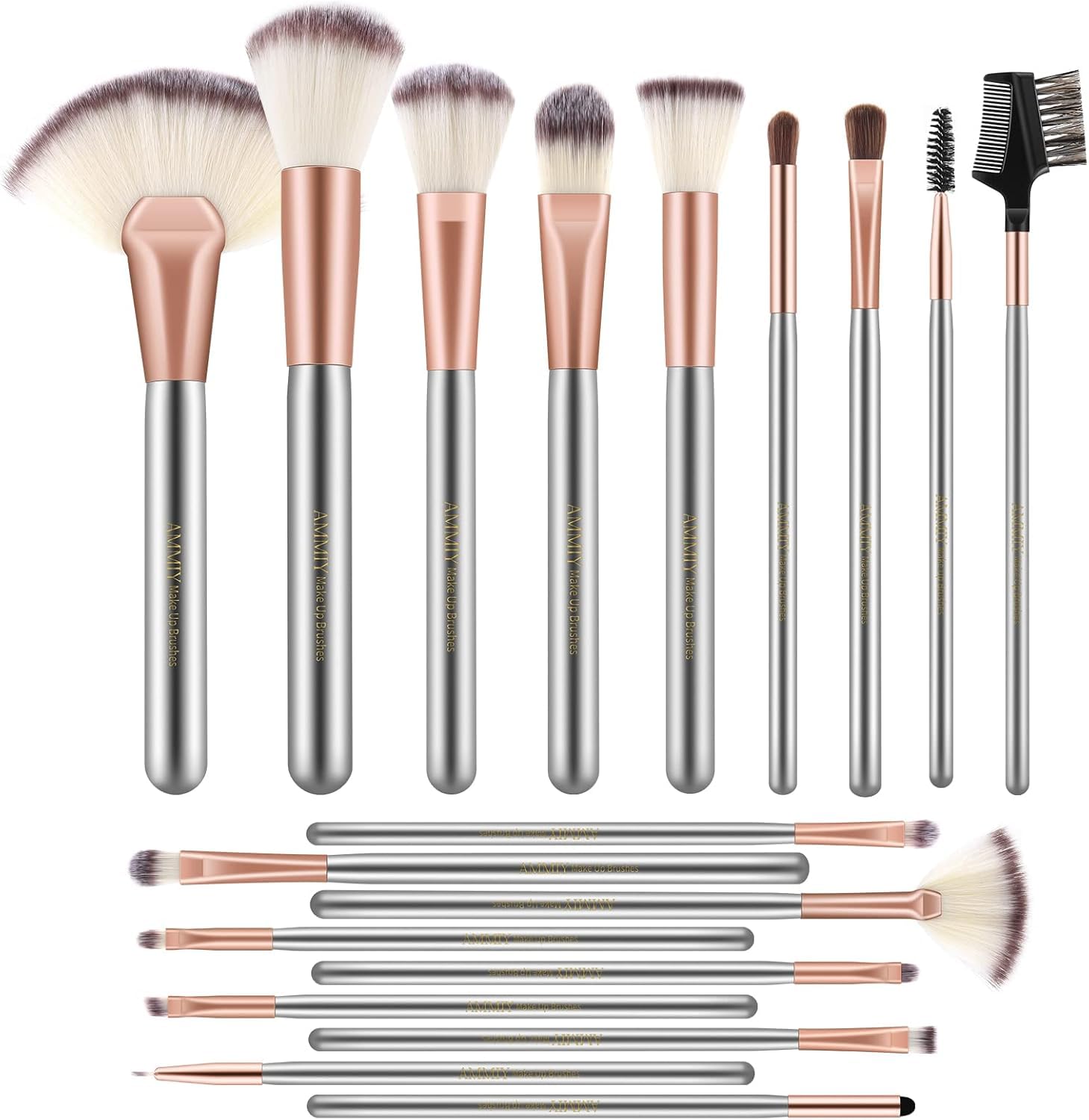 Brochas de Maquillaje Profesional, Champagne Set Brochas Maquillaje，Suaves y Duraderas Pinceles Maquillaje Para Base, brocha colorete de Ojos Poder Facia【18 Piezas +Bolsa Plegable