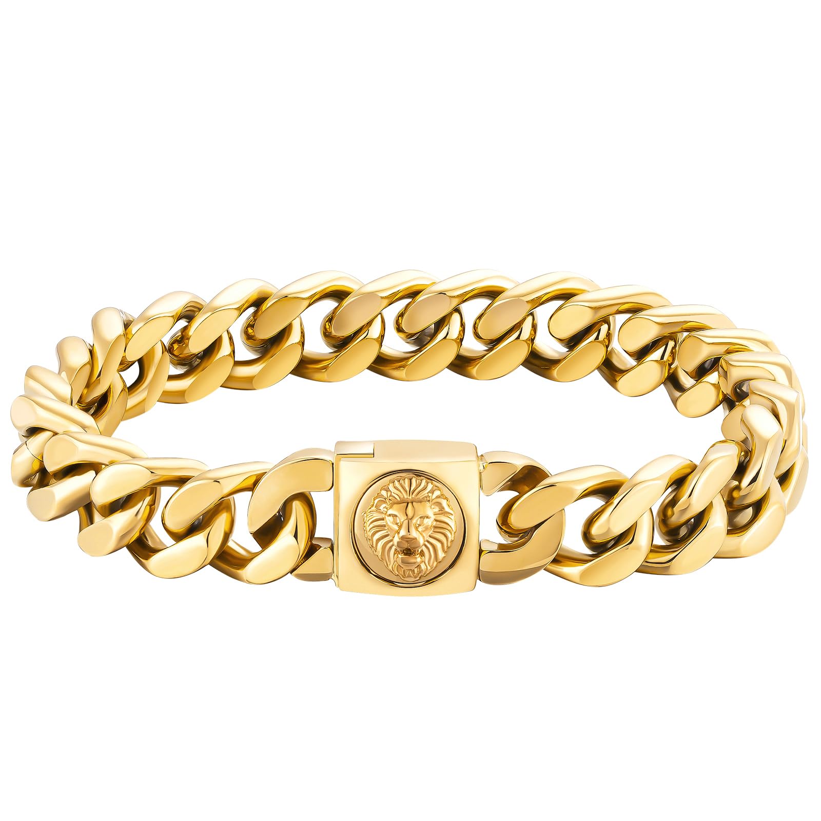 KRKC&CO 12mm Mens Cuban Link Bracelet, 18k Gold Plated Miami Thick Bracelets, Durable Anti-tarnish Hip Hop Jewelry (Lion, 7in), 𝐃𝐚𝐝 𝐆𝐢𝐟𝐭𝐬 𝐟𝐨𝐫 𝐅𝐚𝐭𝐡𝐞𝐫𝐬 𝐃𝐚𝐲