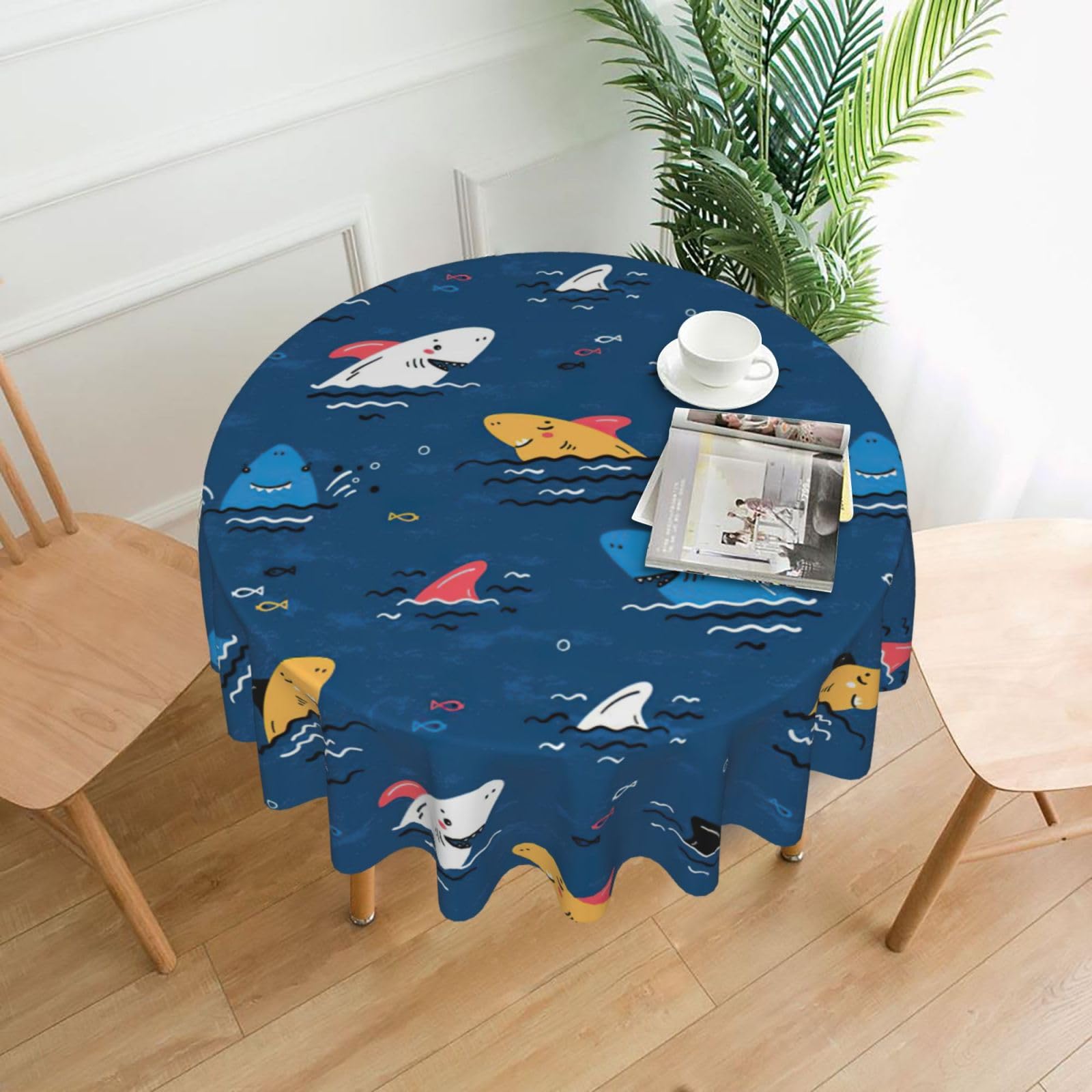SDEGTHO shark Print Modern Retro Round Tablecloth 60in Polyester Fabric Cover for Party Dining Table Washable