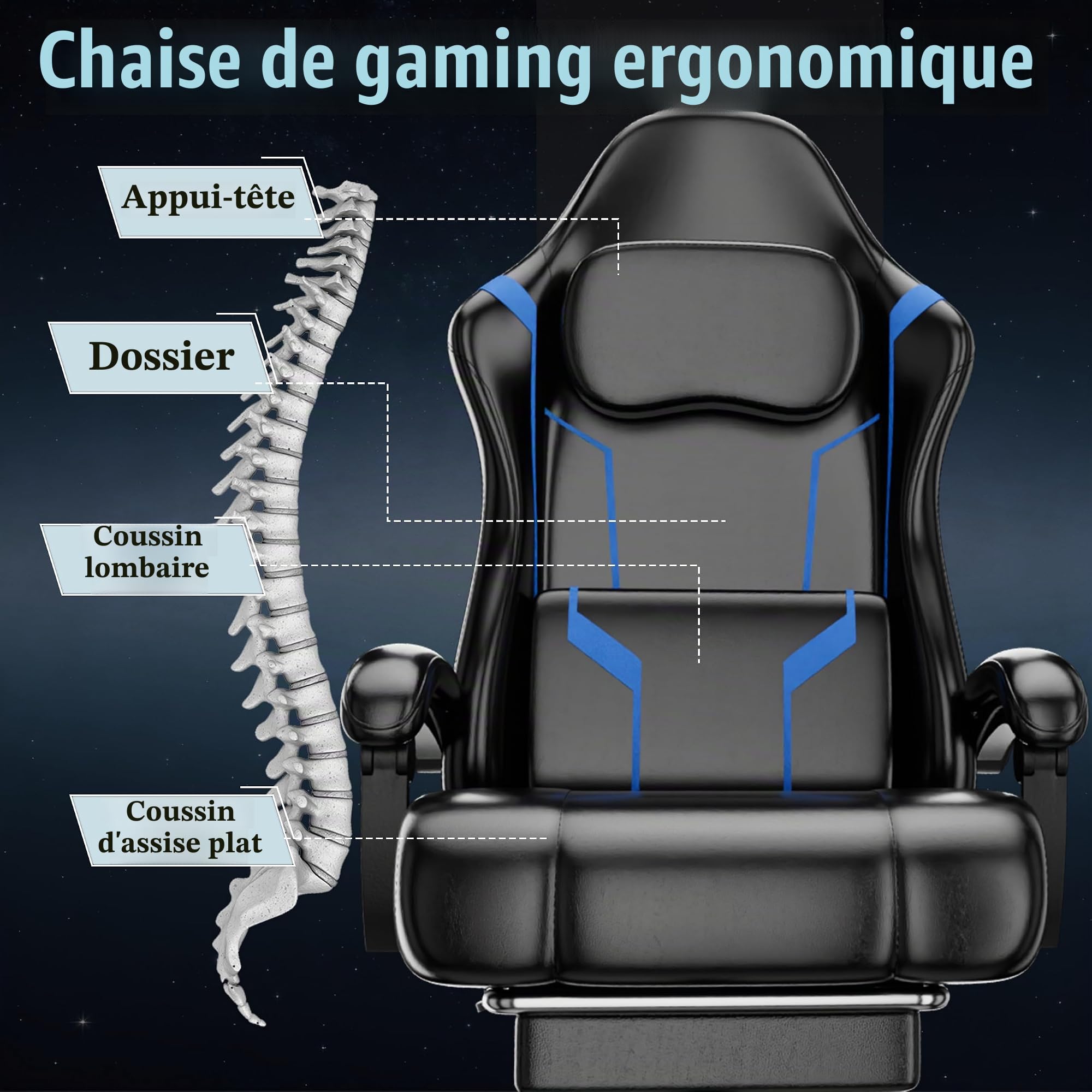 Chaise Gaming pour Adulte, Chaise de Bureau Ergonomique avec Dossier réglable, Fauteuil Gaming avec Appui-tête et Soutien Lombaire, Siege Gaming Rotatif avec Accoudoir (Bleu)