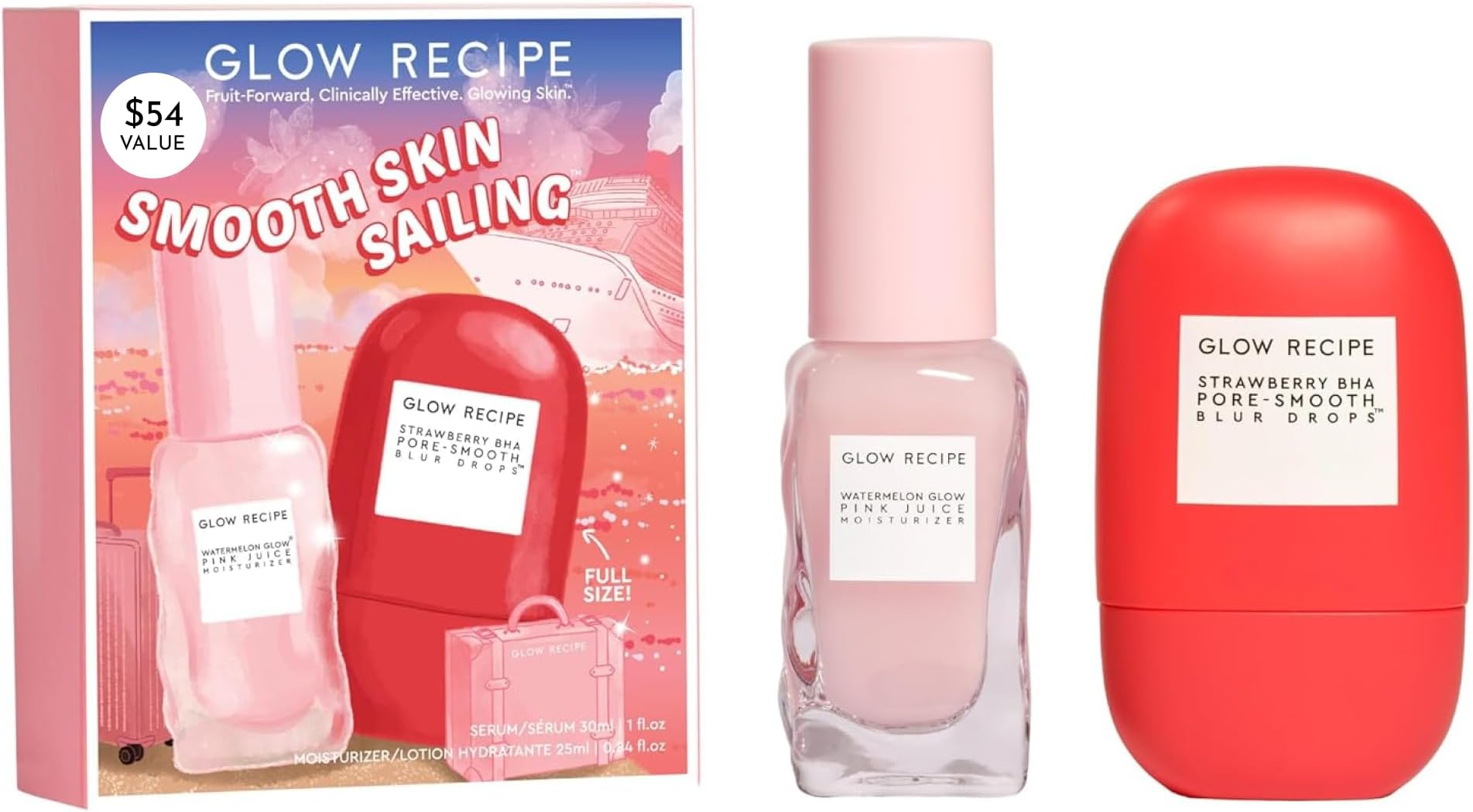 Smooth Skin Sailing Skincare Set - Watermelon Glow Pink Juice Facial Moisturizer + Silicone-Free BHA Strawberry Pore Minimizer Blurring Drops (2 Count)