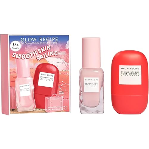 Glow Recipe Smooth Skin Sailing Skincare Set - Watermelon Glow Pink Juice Facial Moisturizer + Silicone-Free BHA Strawberry Pore Minimizer Blurring Drops (2 Count)