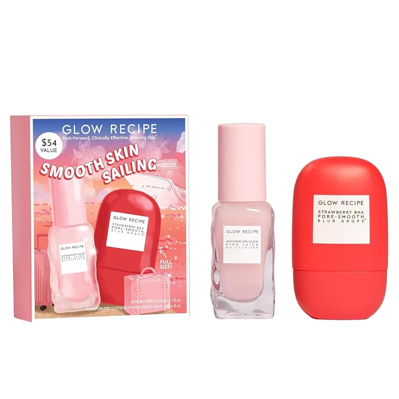 Glow Recipe Conjunto de Cuidados Faciais Smooth Skin Sailing com Hidratante Watermelon Glow Pink Juice e Blur Drops de Morango com BHA, 2 unidades
