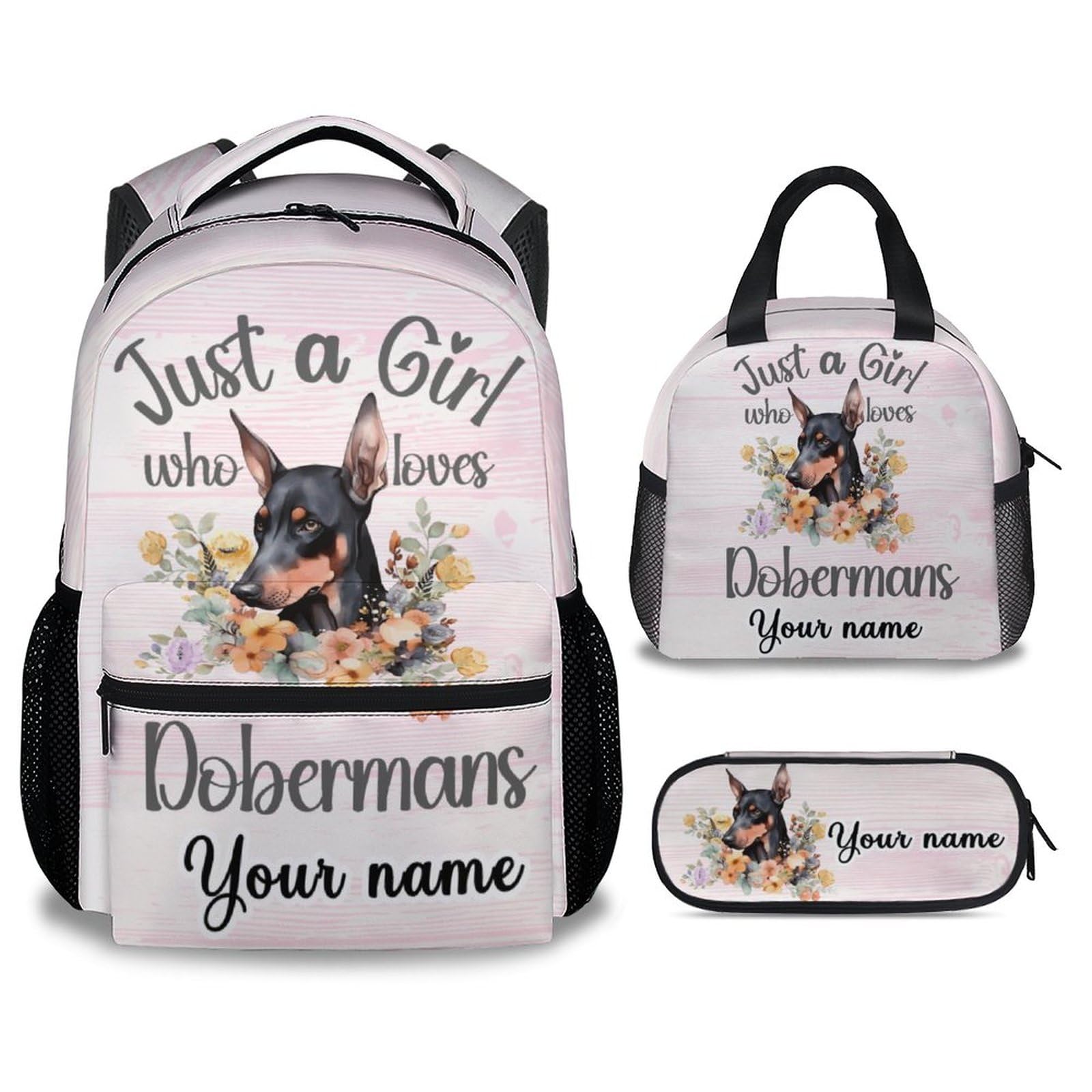AIOMXZZ Personalized Doberman Backpack with Lunch Box and Pencil Case, 16 Inch Cute Dog Theme Bookbag Durable, Lightweight, Large Capacity, Funny