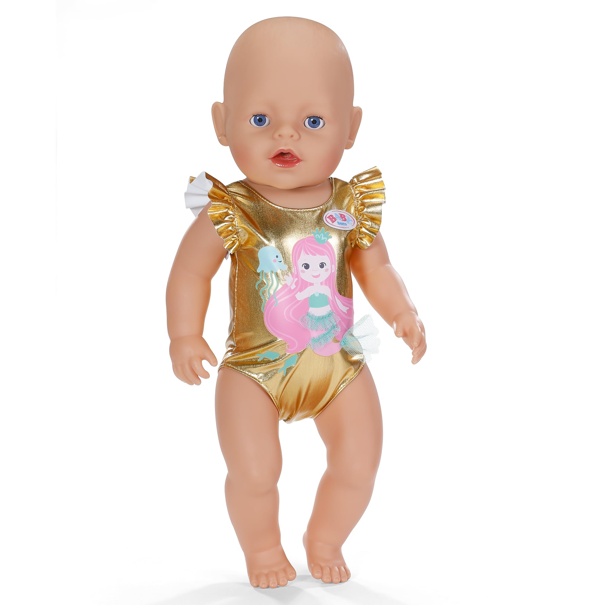 Baby born Set Sorpresa de Playa con bañador Estampado Sirena, moldes de Arena, Arena moldeable, Cubo y 5 sorpresas para muñecas de 43 cm