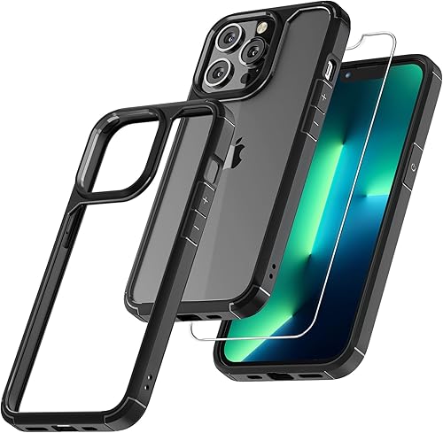 TAURI Funda 3 en 1 para iPhone 13 Pro, no amarilla con 2 protectores de pantalla, funda delgada a prueba de golpes para iPhone 13 Pro, color negro