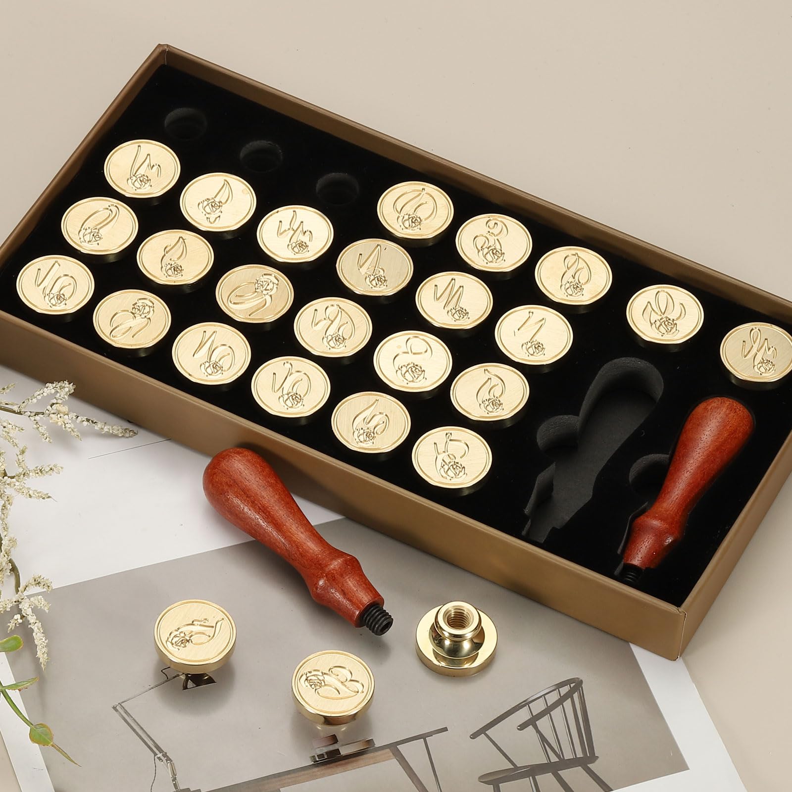 PATIKIL 26 Letters A-Z Alphabet Wax Seal Stamp Kit, Vintage Sealing Stamp with 2pcs Wooden Handles Gift Box for Wedding Invitation, Party, Gift Wrap, Envelope Card, Style 9 - Image 4