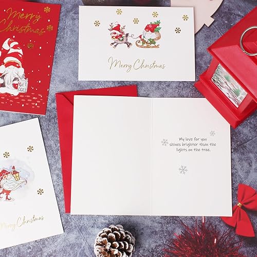 Miniatura 6 de Juego de 24 tarjetas de Navidad de gnomos en caja con sobres y calcomanías, tarjetas de gnomo de Navidad de lámina dorada, 6 tarjetas navideñas de