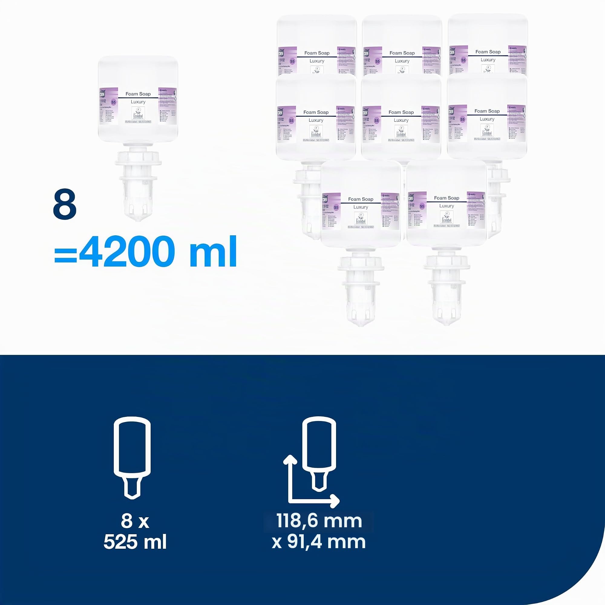 Tork Jabón en Espuma Luxury Mini para Lavado de Manos S5, Botella sellada de fábrica, 8 x 525 ml, 525902