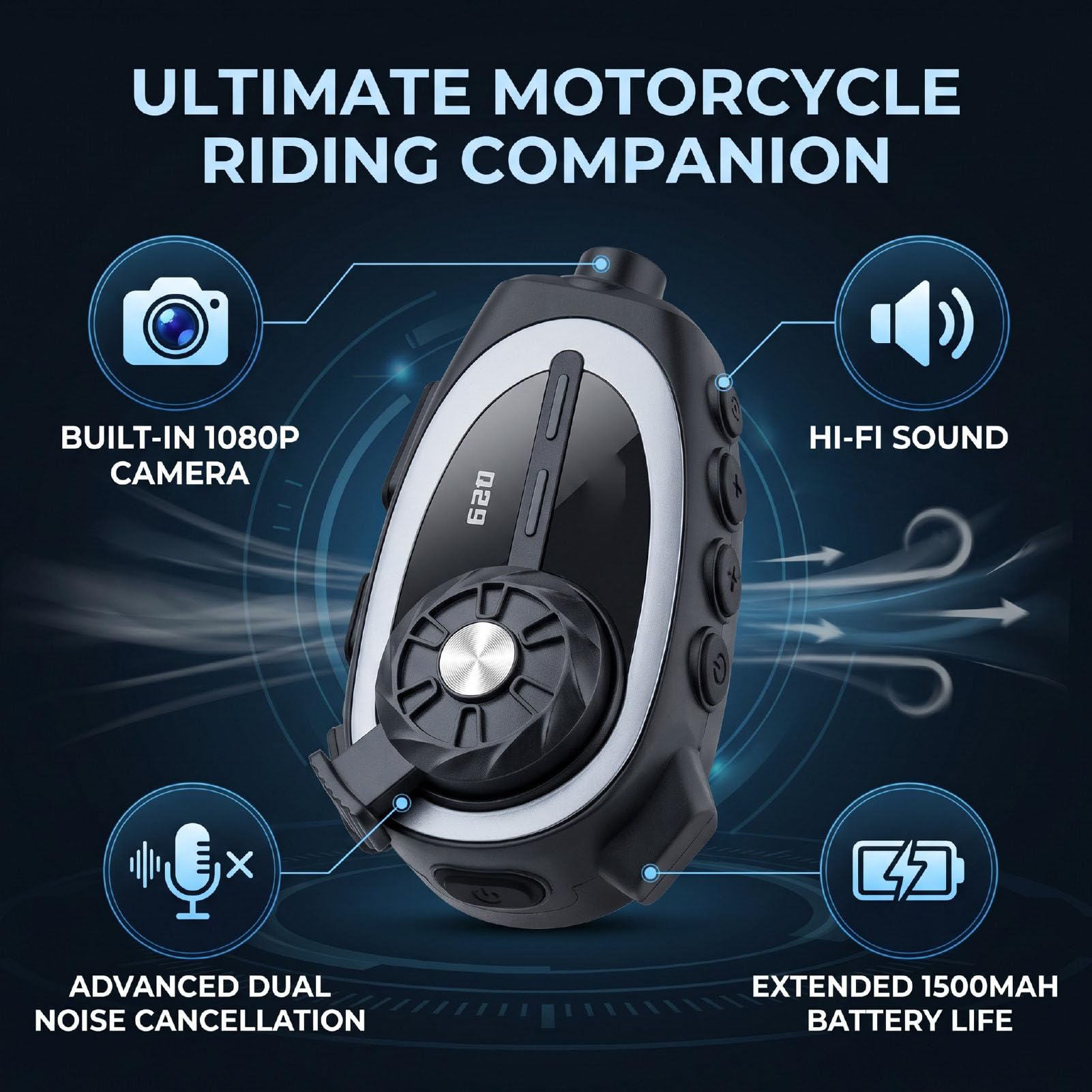 Auricolare Bluetooth per Casco Moto con Fotocamera, Registrazione 1080P, Altoparlante HiFi da 40 Mm, Impermeabile IPX6, Bluetooth 5.4, Riduzione del Rumore