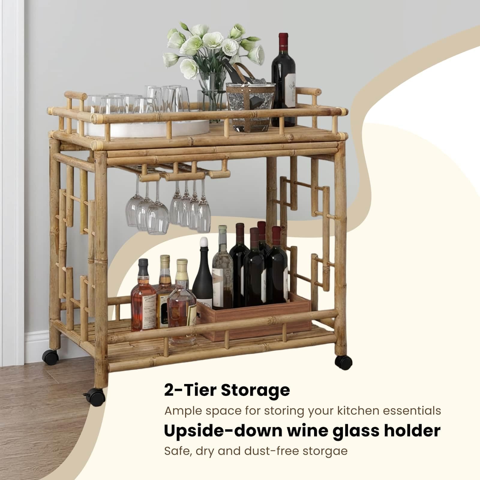 vidaXL Carro de Vino con Ruedas Natural 85 x 50 x 93 cm Bambú, Carrito Rectangular para Bebidas en la Cocina, Trolley Ligero para Vino, práctico y móvil