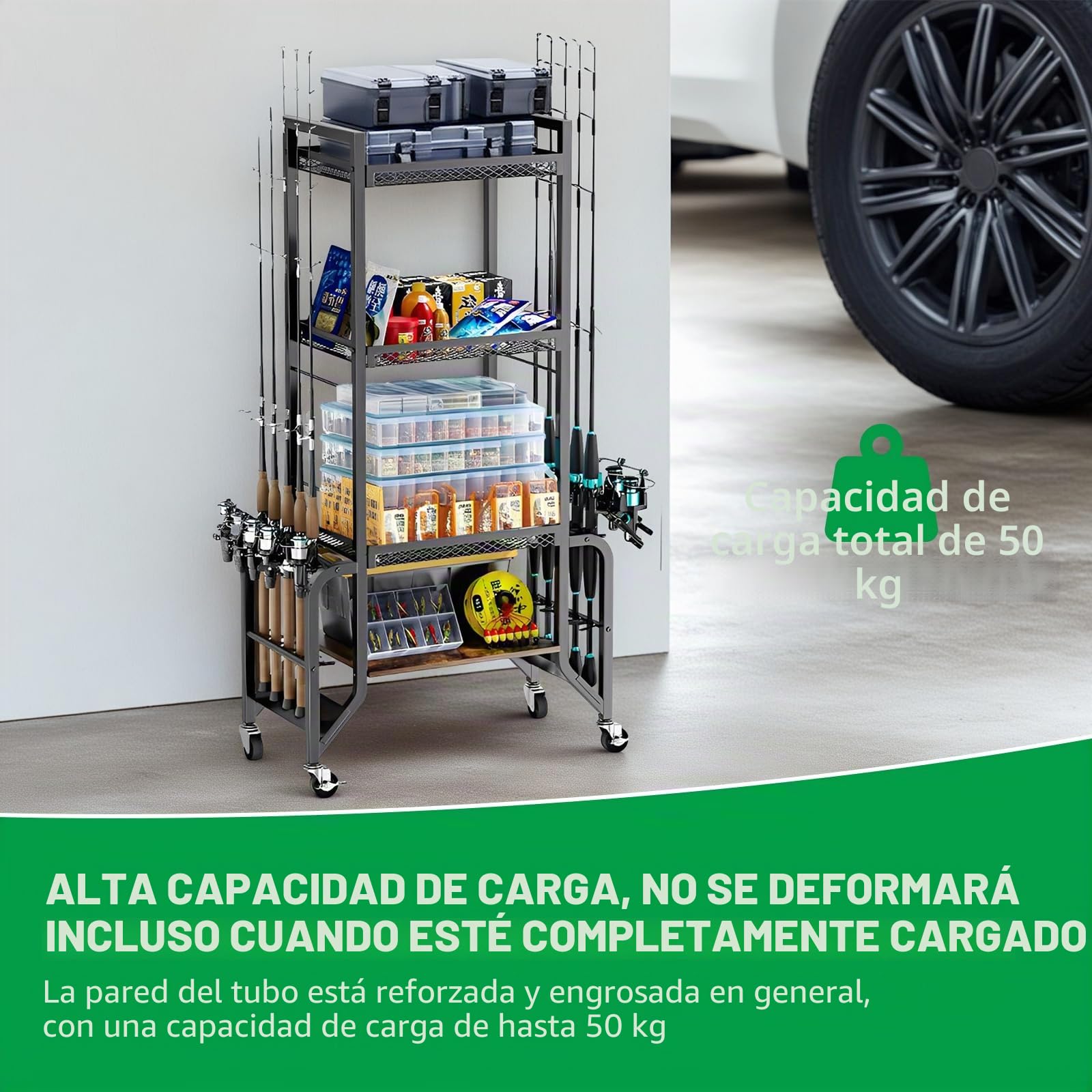 JAOGAUS Soporte para caña de pescar de 4 capas con ruedas para 10 cañas de pescar, estante con 4 rodillos para un fácil movimiento, 2 de ellos con frenos, para garaje, barco, hogar, accesorios de