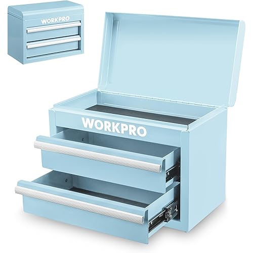 WORKPRO Metal Mini Tool Box, Top Tool Chest Containing Two Drawers with Ball Bearing Slides, PVC Drawer Liners and PP Feet Pads, Durable Cold Rolled Steel Small Toolbox for Multi-Purpose Storage