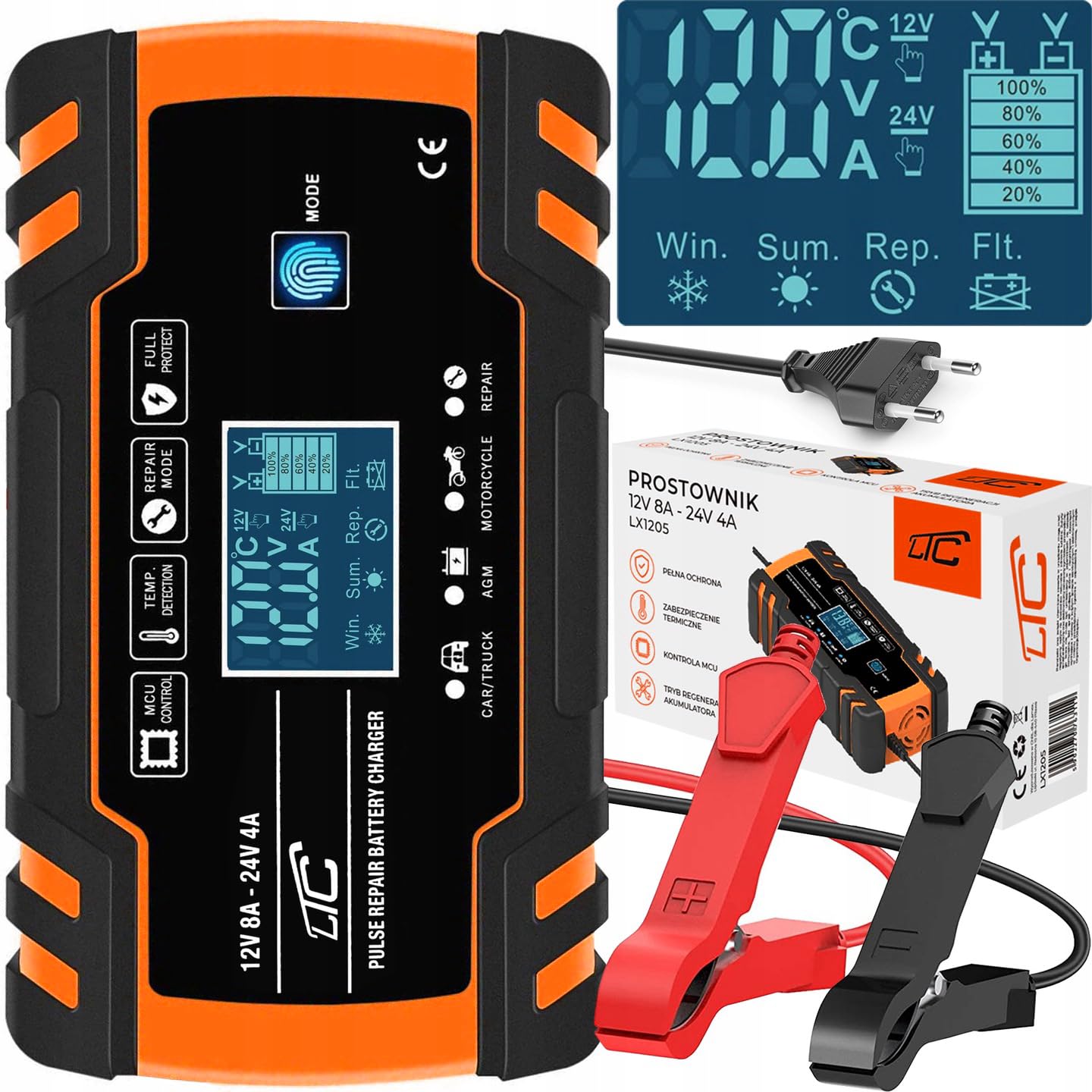 LTC Prostownik Samochodowy – Ładowanie Akumulatorów 12V 24V z Wyświetlaczem LCD - Moc 8A – Do Akumulatorów od 4Ah dp 150Ah – Tryb Naprawiania Akumulatora