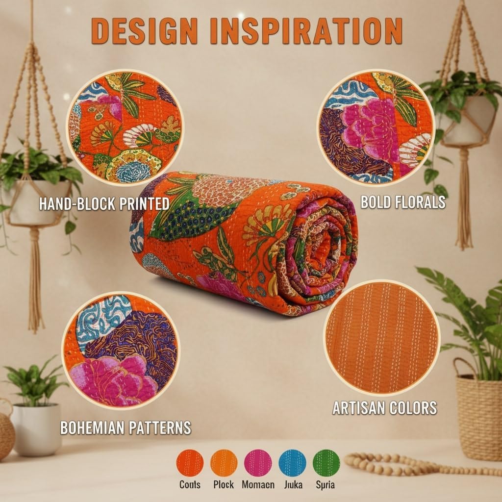 Handmade Cotton Kantha Quilt - Reversible Bedspread with Floral & Fruit Pattern, Traditional Indian Gudri, Orange 90x108 inch, Decorative Kantha Stitch, Pure Cotton, Twin/King Size