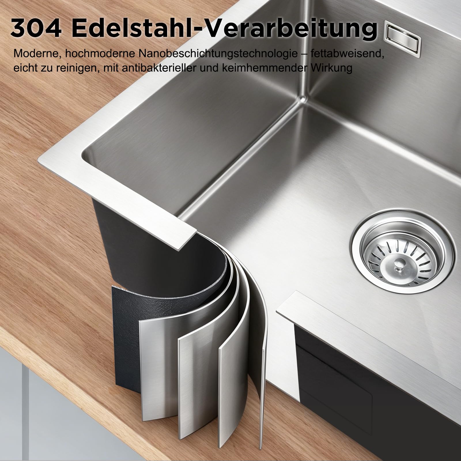 Modernes Spülbecken 40x34 cm, 1 Becken, Verchromte Küchenspüle, Spüle mit Wasserhahnloch und Überlauf, Aufsatz Edelstahl Waschbecken Küche, Stabil und Langlebig, Leicht zu Reinigen