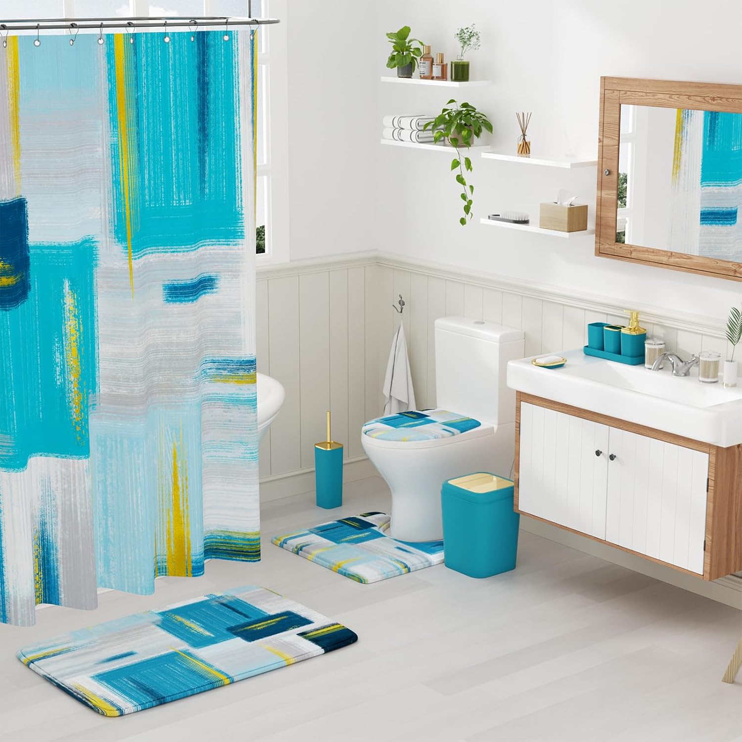 XLHOMO Bathroom Accessories Set - 25PC Bathroom Set with Shower Curtain and Rugs, Teal Blue Bathroom Set, Bathroom Accessory Set with Press-on Lid Trash Can, Soap Dispenser and Qtip Holders image 2