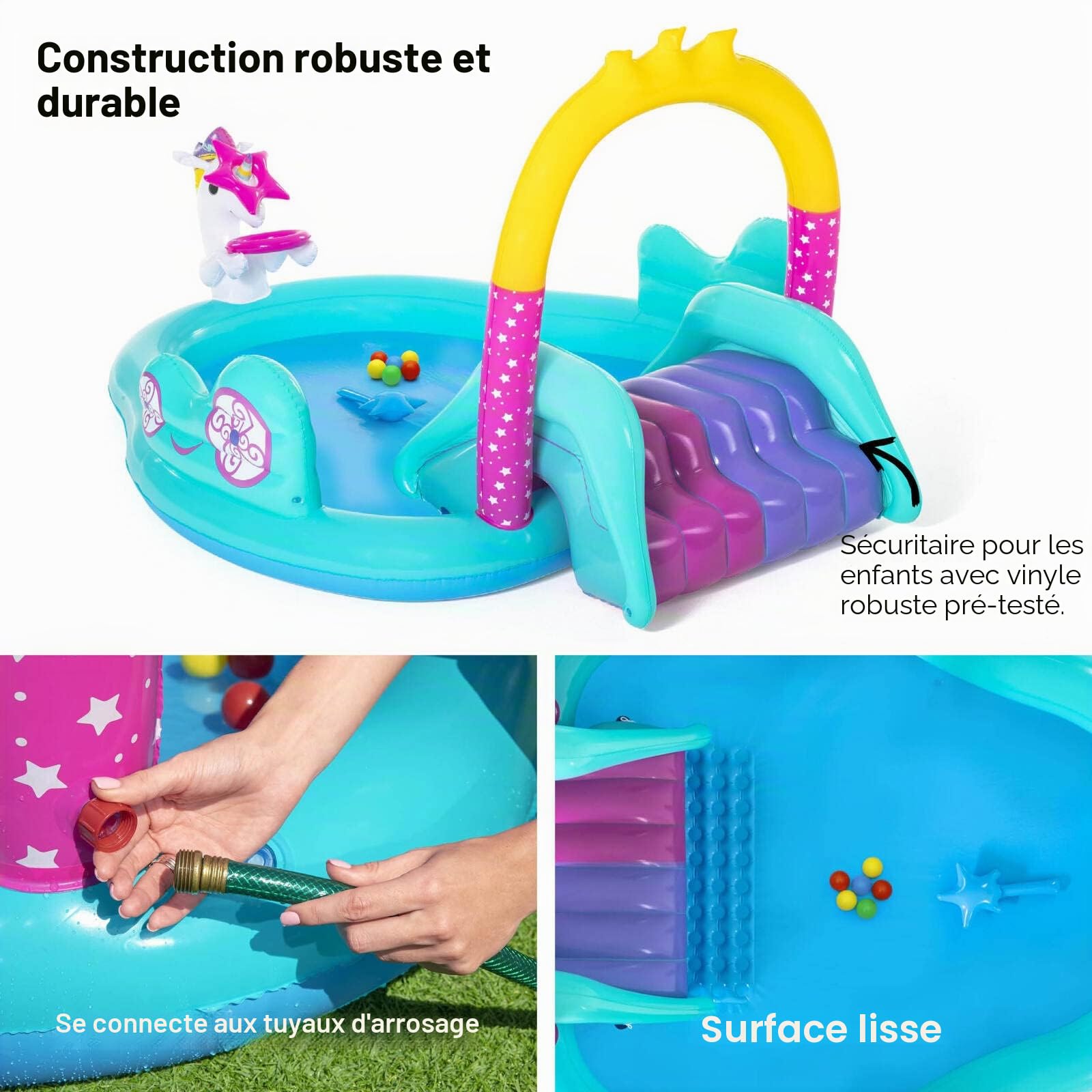 Piscine Gonflable Aquastic Licorne – 180x135x19 Cm, Fontaine Intégrée, 88 L, Pour Enfants De 3 à 6 Ans