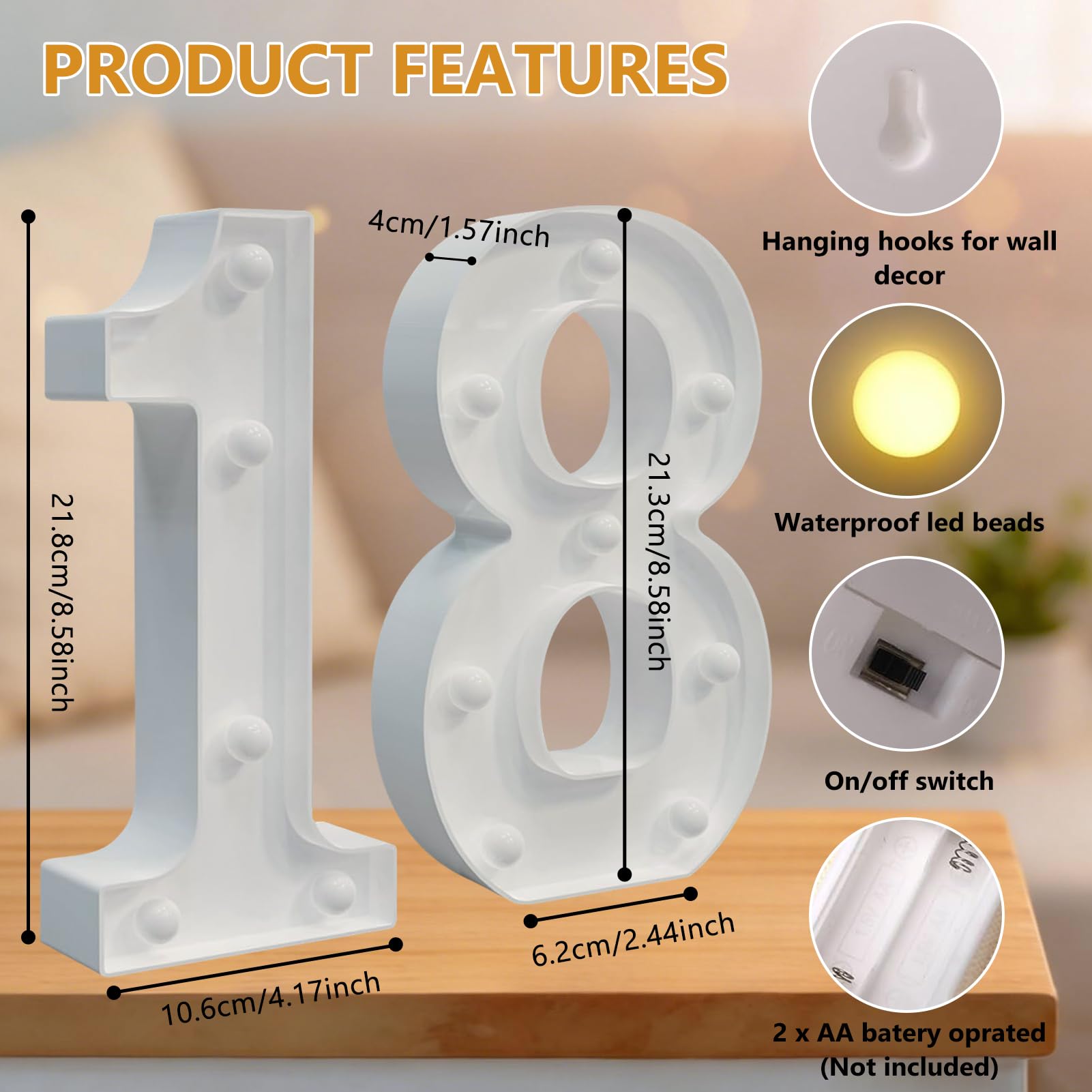 Lampada a LED con numeri, cifre illuminate 18, numeri luminosi a LED bianco caldo, luci con numeri illuminati, per decorazioni di buon compleanno, decorazioni per feste, decorazioni per matrimoni (18)