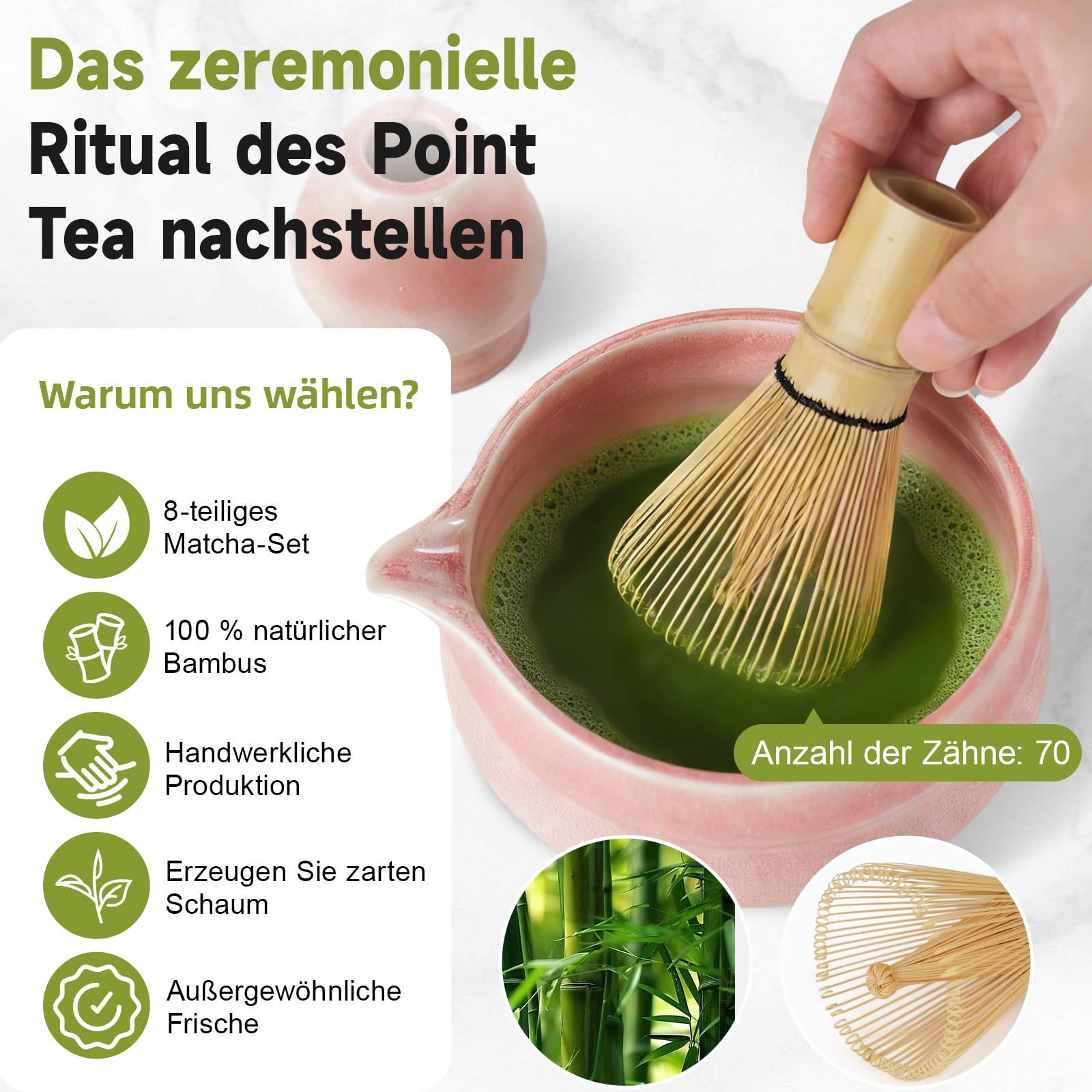 Voarge Zestaw 8 sztuk do matchy, ceramiczna miska (Chawan) z dzióbkiem i miotłą bambusową, japoński zestaw do matchy dla miłośników matchy, gradient różowy