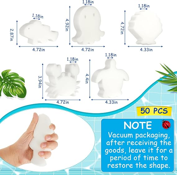 Zhehao 50 Pack 5 Shapes Hot Tub Sponge Absorber Oil Absorbing Sponge Foam Hot Tub Scum Absorber for Swimming Pool Spa Cleaning Accessories(White)