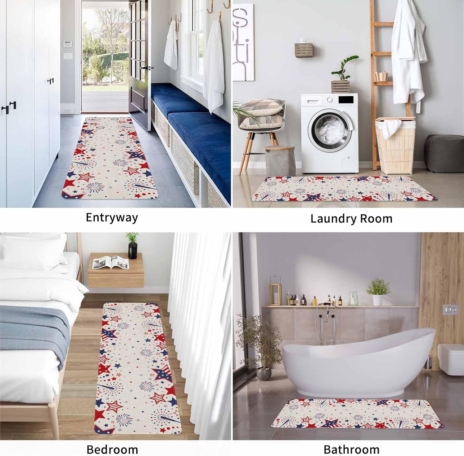 Red White and Blue Stars Kitchen Mat 4th of July Kitchen Rugs Non Slip Stars Firework Mats, Patriotic Soft Runner Rug Water Absorbent Stars Retro Floor Mat for Kitchen,Sink,Laundry 16"x47"