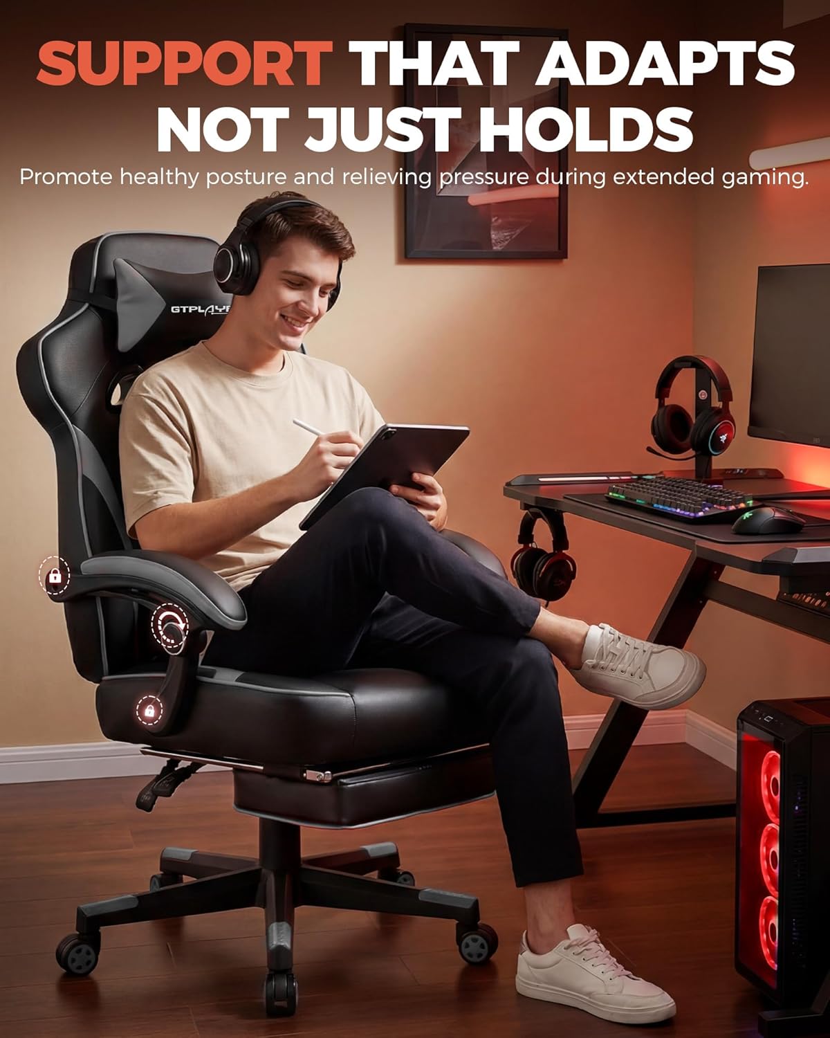 GTPLAYER Gaming Chair for Adults, Big and Tall 350LBS Heavy Duty Office Chair, Ergonomic High Back Lumbar Support and Recliner for Back Pain Relief, Sky Gray