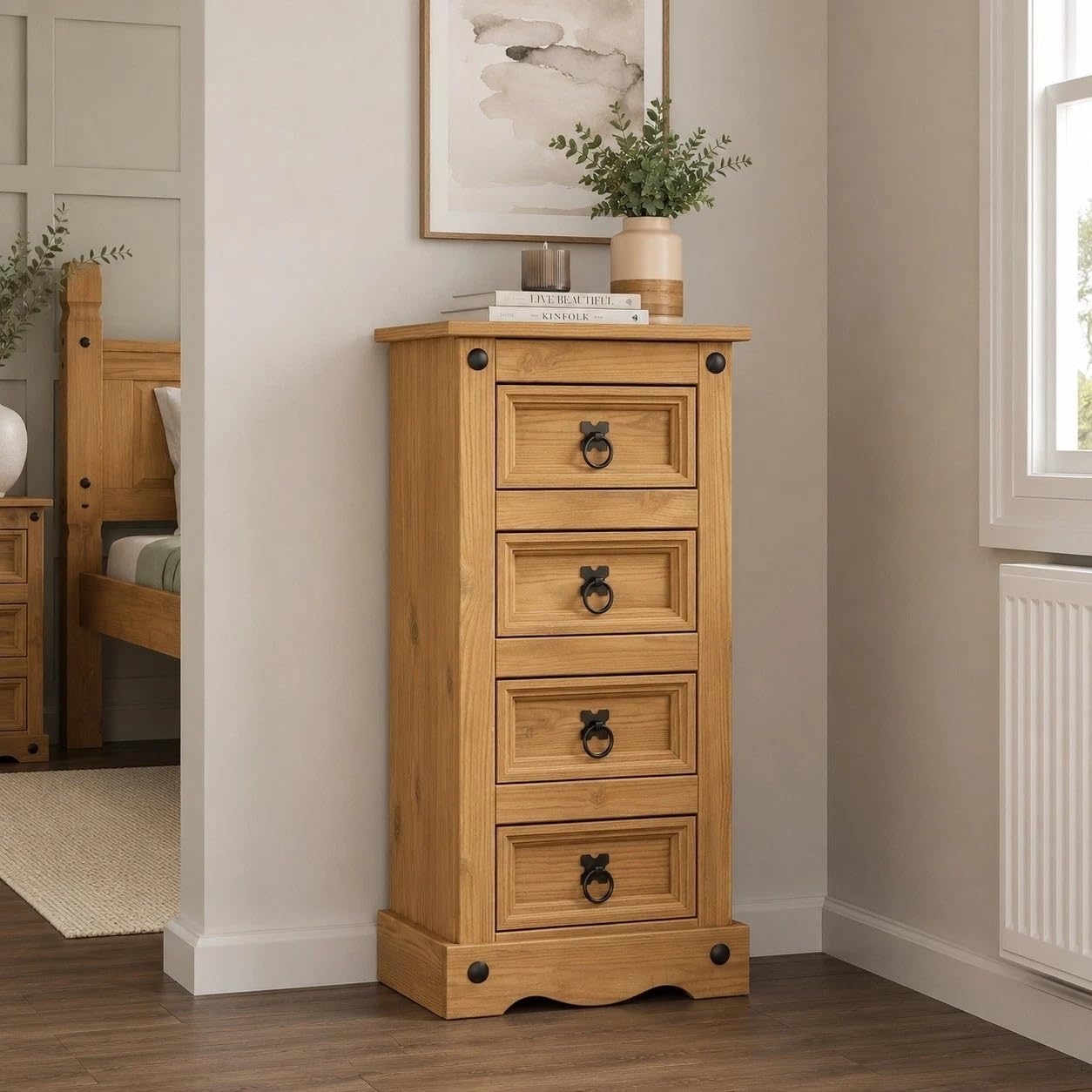 Mews Corona 4 Drawer Narrow Chest Bedside Table Cabinet Solid Pine Wood Tall Slim Storage Lamp Unit for Bedroom Hallway Living Room Mexican Style Furniture