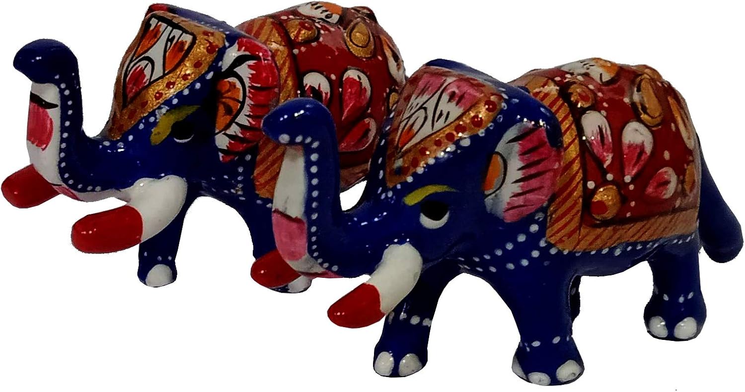 Purpledip Enamelled Metal Miniature Elephant Pair: Colorful Meenakari Art, Set of 2 Figurines (12290), Multicolor