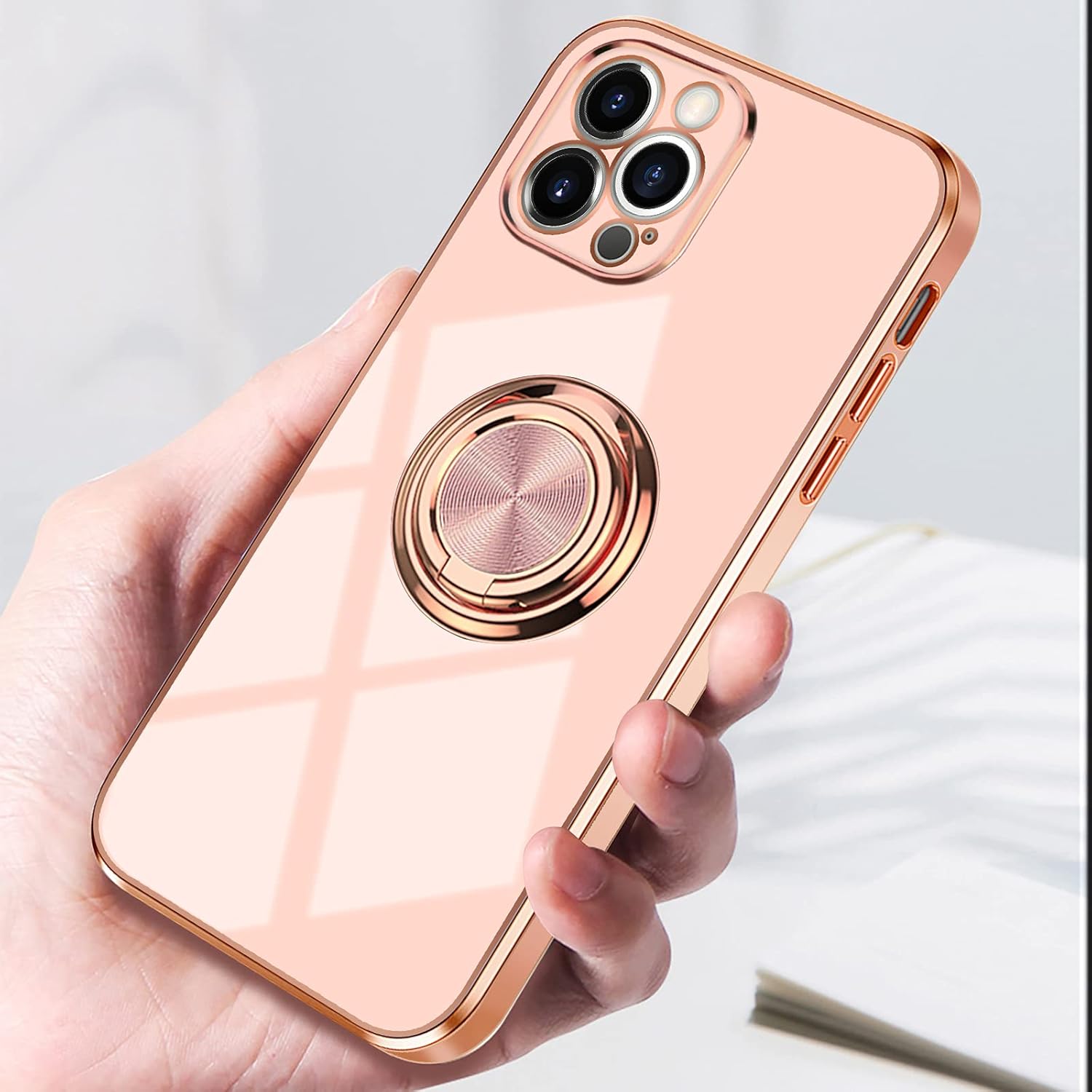 Omorro Compatible with Rose Gold iPhone 13 Case for Women Girls Kickstand Ring Holder 360 TPU Rotation Case with Stand Glitter Plating Edge Work with Magnetic Mount Slim Luxury Girly Cover Case Pink - Image 5
