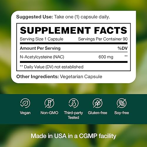 Miniatura 6 de Suplemento NAC - N acetil cisteína - alta dosis de 600 mg - Aminoácidos - Apto para veganos - Polvo puro de NAC - 90 cápsulas