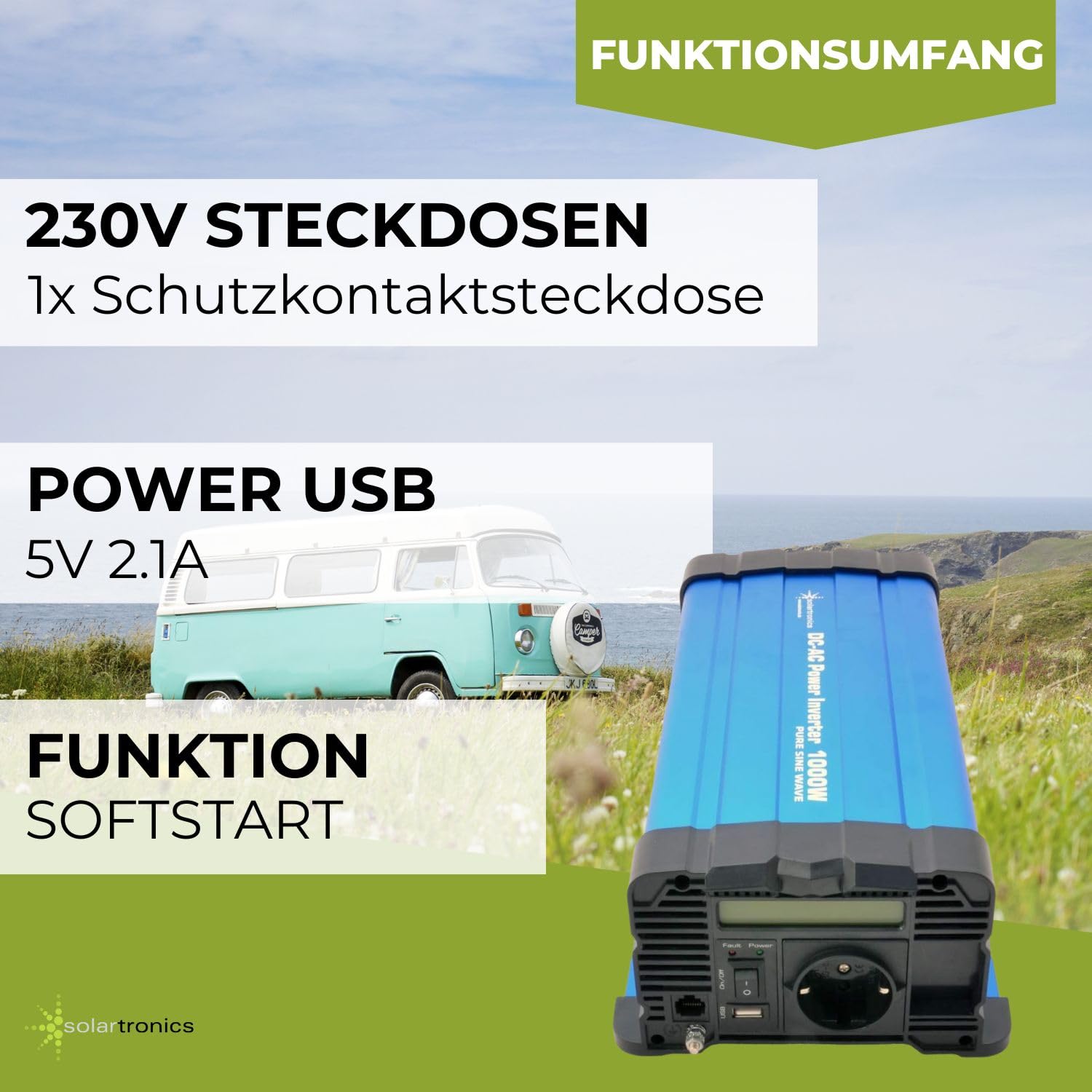 Solartronics FS1000D - Convertidor de tensión 24 V 230 V 1000 W con Pantalla – Onda sinusoidal Pura 24 V Arriba para Ruedas y caravanas – 2000 W Spitzenleistung – Silvestre & conexión USB