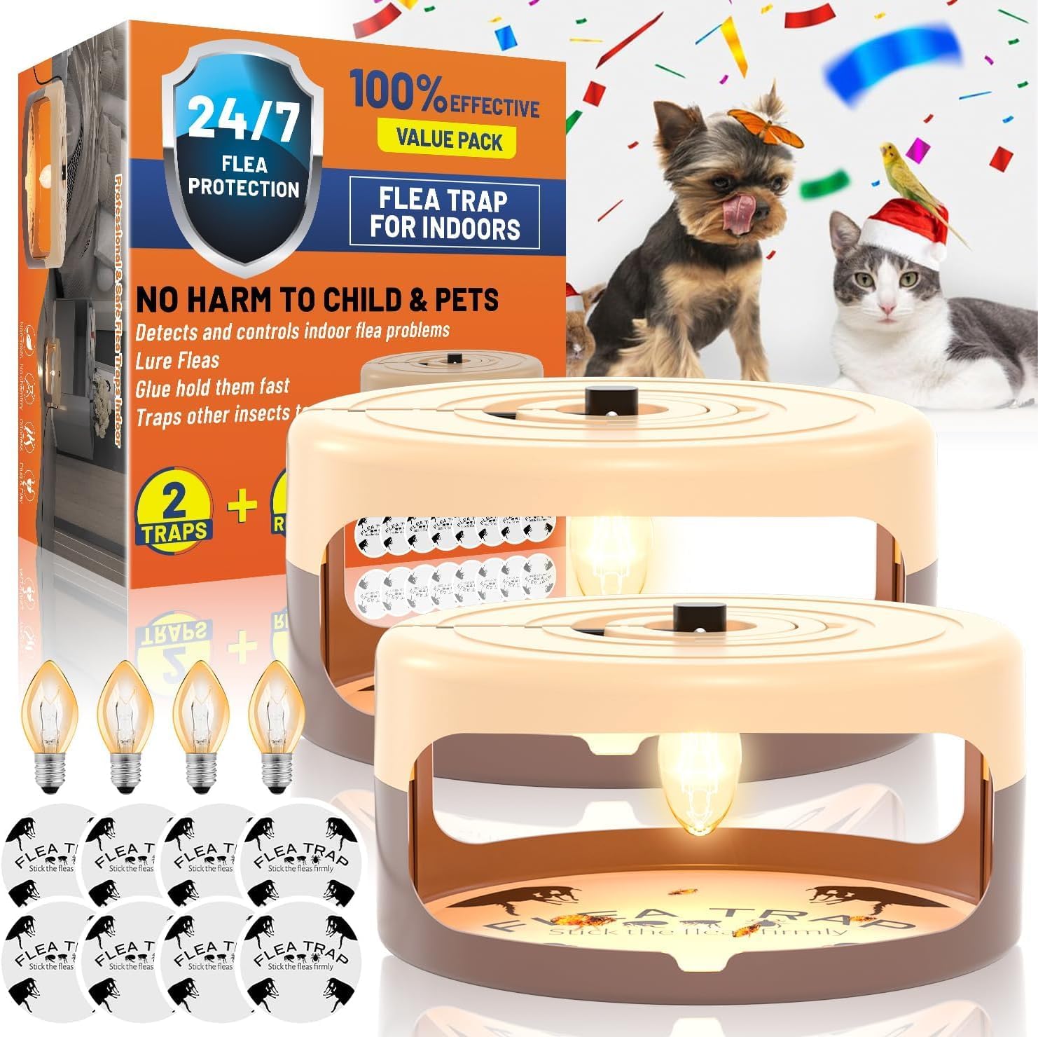2 Pack Flea Traps for Inside Your Home with 8 Sticky Disc & 4 Bulbs & 2 Electric Wires, Flea Killer Indoor Bed Bug Trap Pest Control, Non Toxic & Harmless, Friendly to Pets & Kids