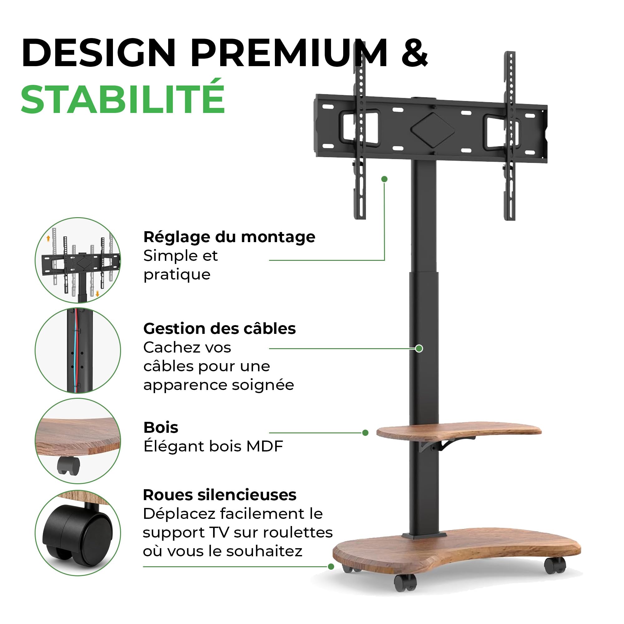 Stellar Support TV Roulant avec Etagère en Bois - Meuble Tele, Chariot Meuble TV à Hauteur Ajustable avec roulettes pour TV 32-70" Jusqu'à 45 kg - Support de TV Universel Max VESA 600x400mm