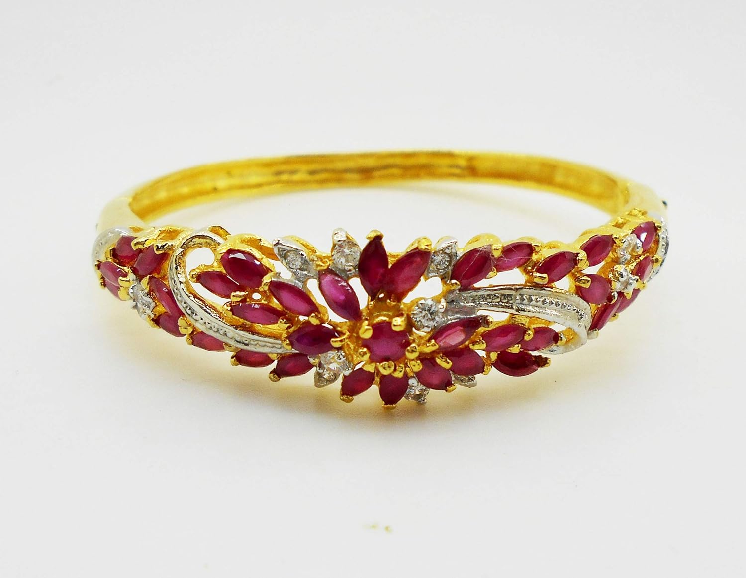 Gorgeous 22k 23k 24k Yellow Gold Plated Women Rare Thai Flower Cubic Zirconia CZ AAA Syn Ruby Bracelets Cuff Bangle 5 MM 5.5 CM