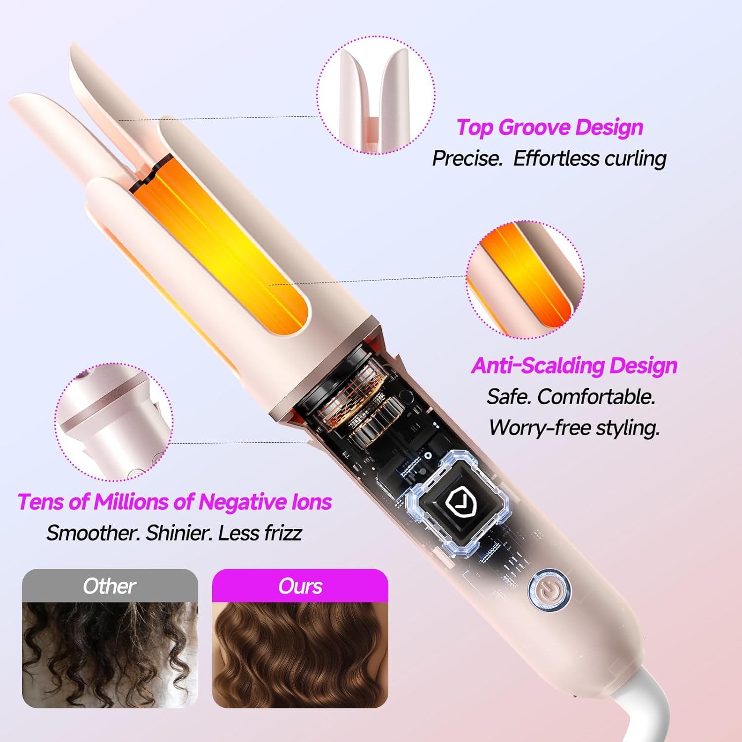 Professional Automatic Rotating Curling Iron for Long Hair, 1.25” Curling Wand for Loose Curls & Beach Waves, Ionic Ceramic Hair Curler, Anti-Scald & Tangle-Free, Dual Voltage, Pink