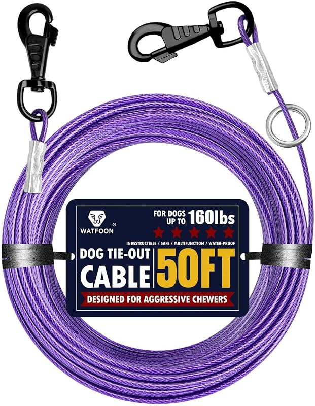 Guia de Contenção para Cães WATFOON com Cabo de 360° e Ganchos Giratórios, Roxo, 15,24 m