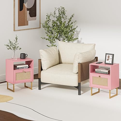 Miniatura 76 de Masupu Mesita de noche de ratán con estación de carga, moderna mesita de noche de madera bohemia con cajón de almacenamiento y estante abierto, mesa