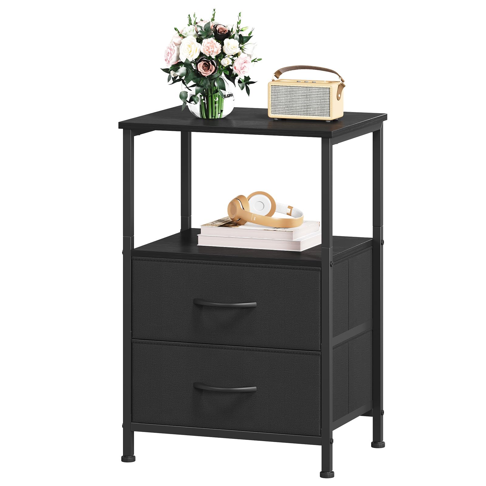 Somdot Bedside Table Set of 2 for Bedroom, Open Shelf, 2 Drawers, Black